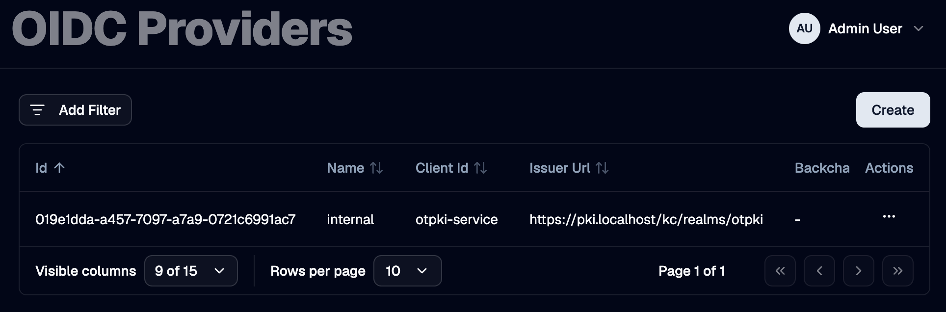 Identity Providers list page