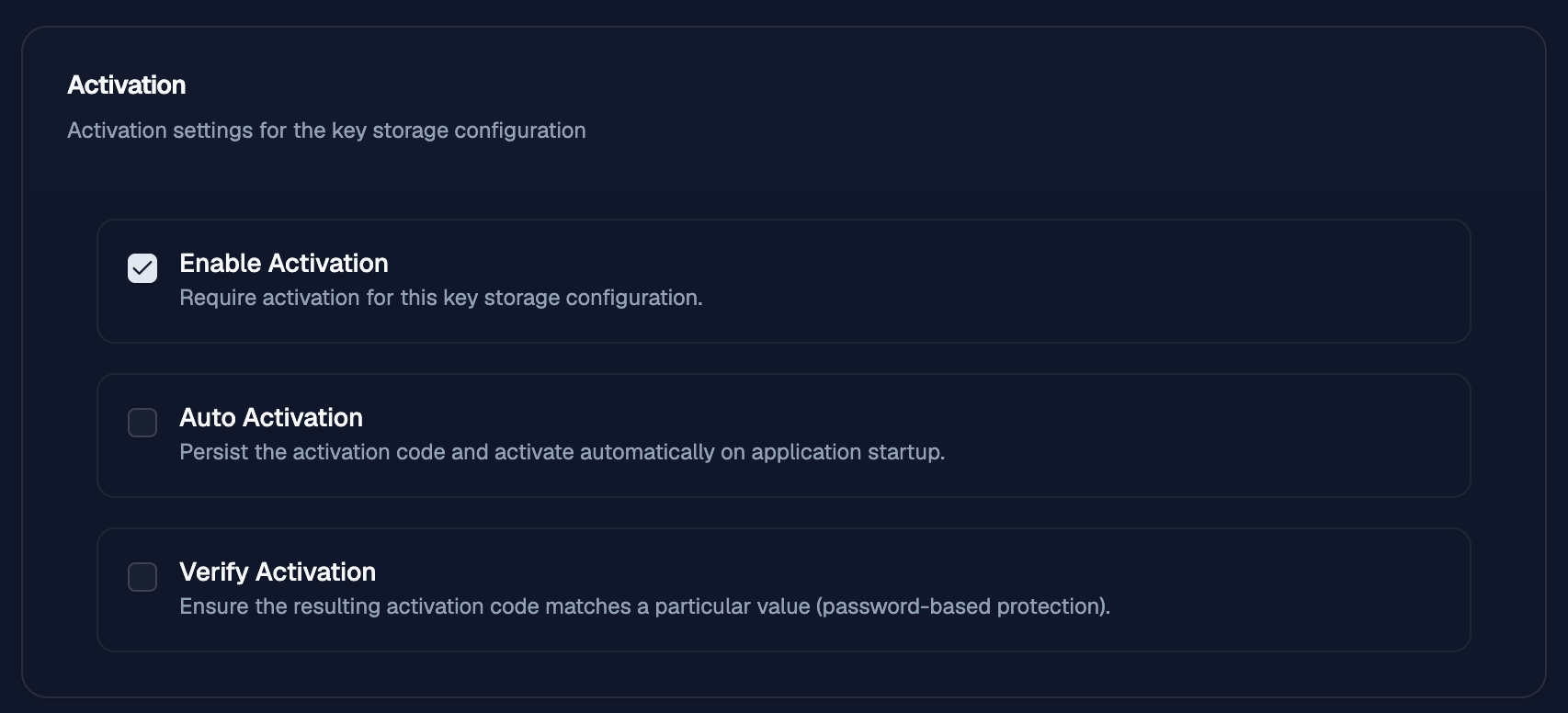 Key configuration activation settings