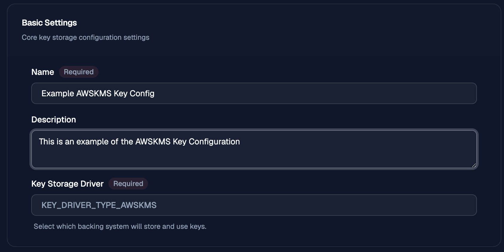 AWS KMS key configuration basic settings