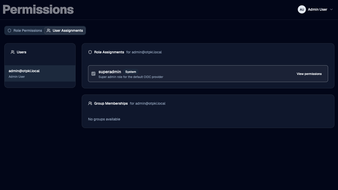 User Assignments tab showing Role Assignments and Group Memberships for a selected user