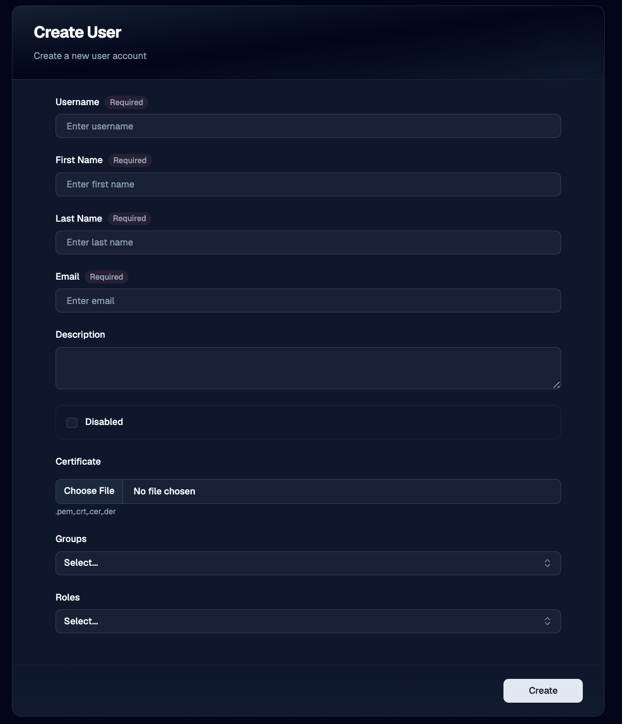 Create User form
